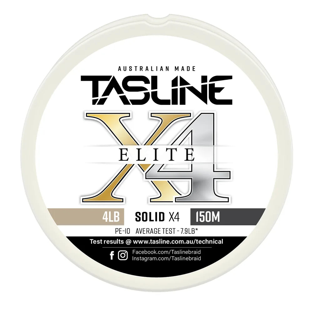 Tasline X4 Solid Elite braid spool, 4lb 150m, PE 1.0, average test 7.9lb — white spool with printed Tasline label