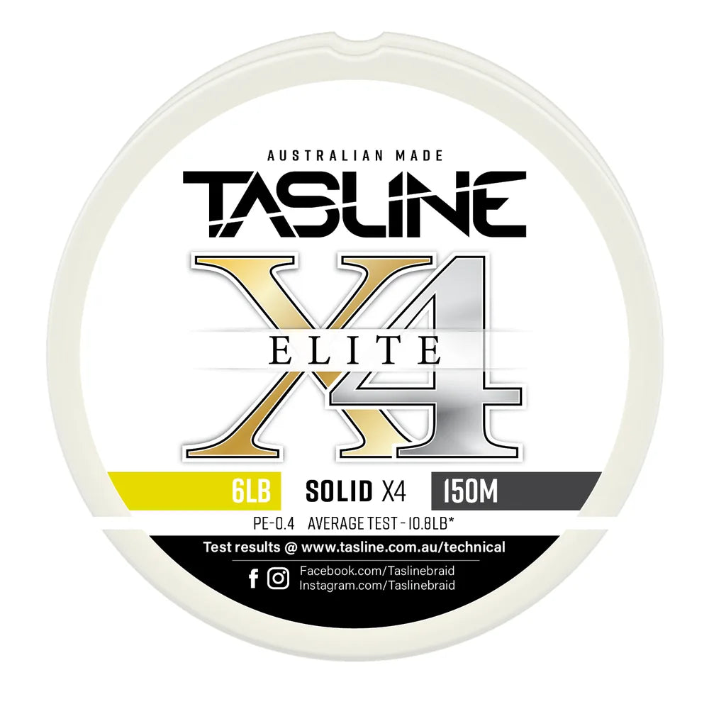 Tasline X4 Solid Elite braid spool, 6lb 150m, PE 0.4, average test 10.8lb — white spool with printed Tasline label