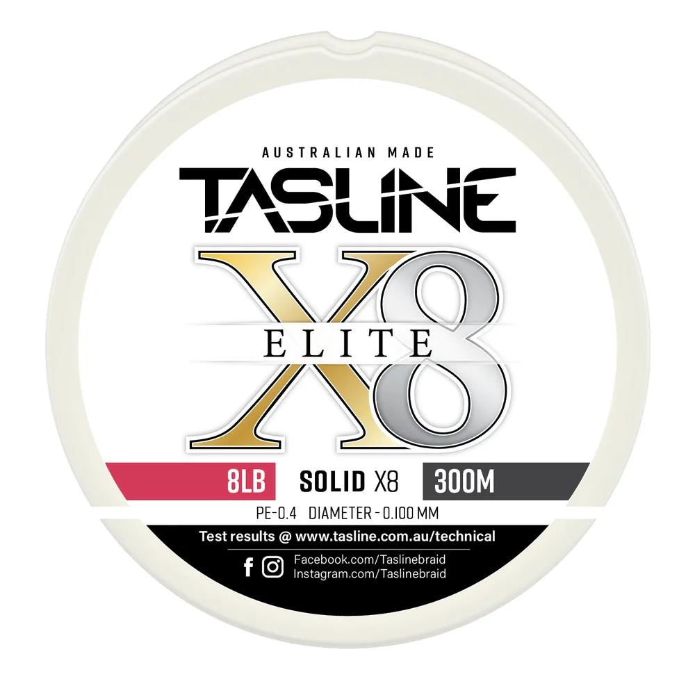 Tasline X8 Solid Elite braid spool, 8lb 300m, PE 0.4, 0.100 mm diameter — white spool with printed Tasline label