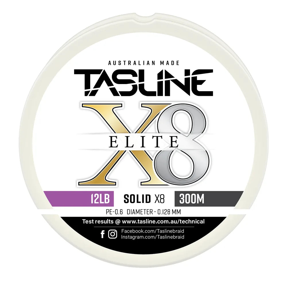 Tasline X8 Solid Elite braid spool, 12lb 300m, PE 0.6, 0.128 mm diameter — white spool with printed Tasline label