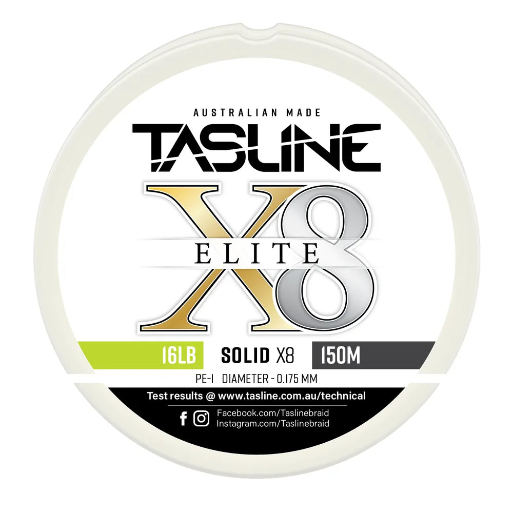 Tasline X8 Solid Elite braid spool, 16lb 150m, PE 1, 0.175 mm diameter — white spool with printed Tasline label