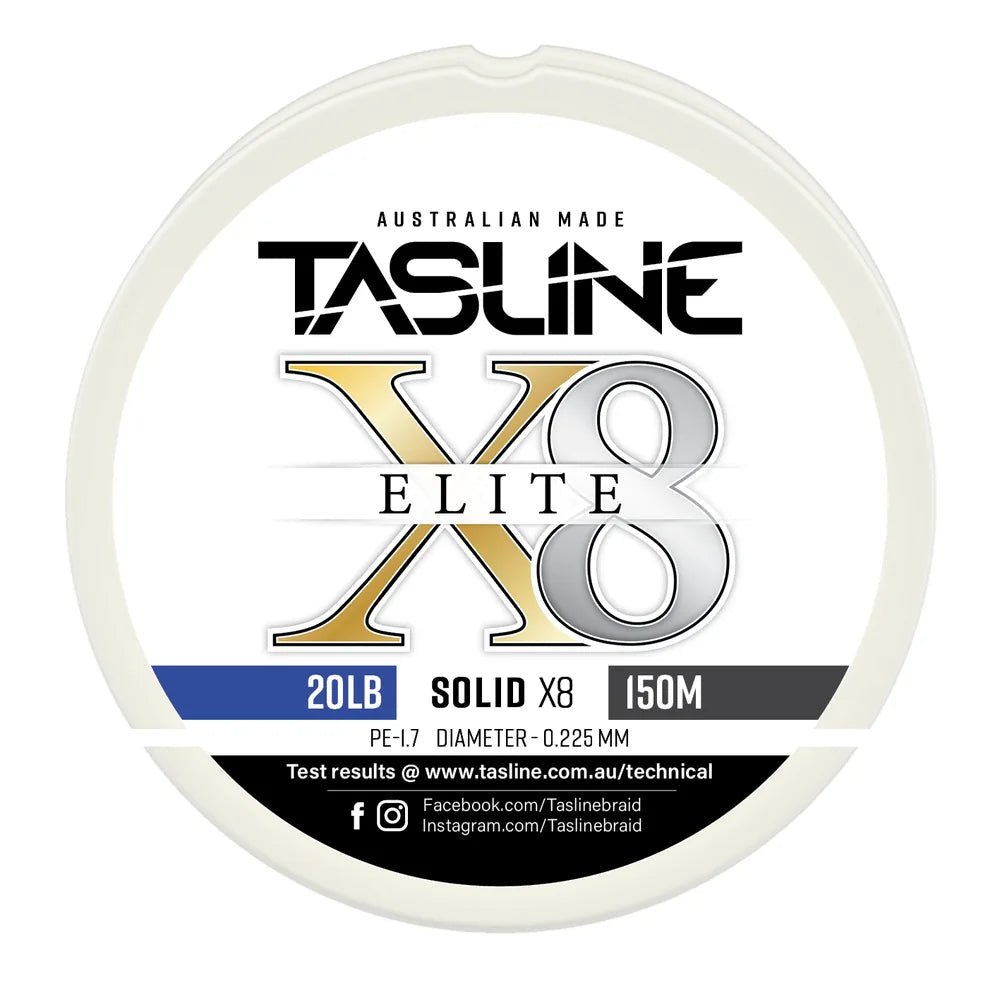 Tasline X8 Solid Elite braid spool, 20lb 150m, PE 1.7, 0.225 mm diameter — white spool with printed Tasline label