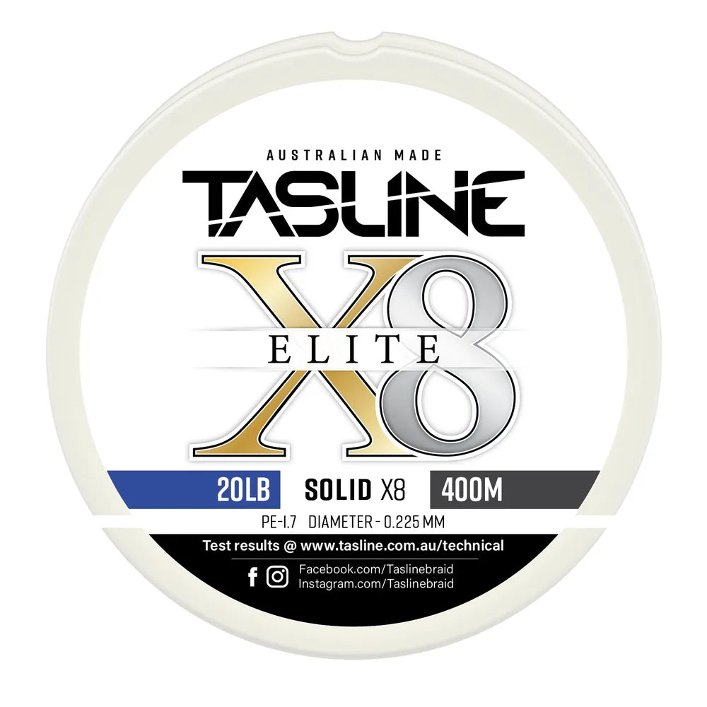 Tasline X8 Solid Elite braid spool, 20lb 400m, PE 1.7, 0.225 mm diameter — white spool with printed Tasline label