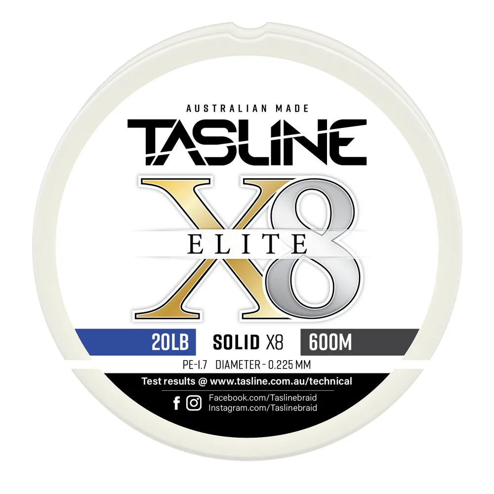 Tasline X8 Solid Elite braid spool, 20lb 600m, PE 1.7, 0.225 mm diameter — white spool with printed Tasline label