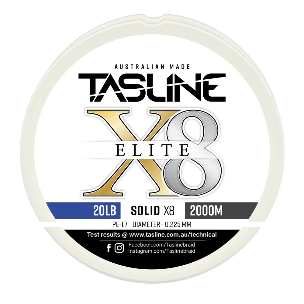 Tasline X8 Solid Elite braid spool, 20lb 2000m, PE 1.7, 0.225 mm diameter — white spool with printed Tasline label