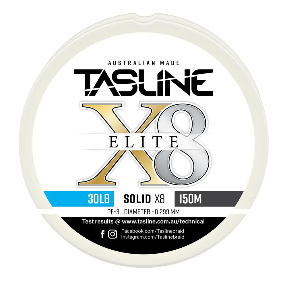 Tasline X8 Solid Elite braid spool, 30lb 150m, PE 3, 0.299 mm diameter — white spool with printed Tasline label