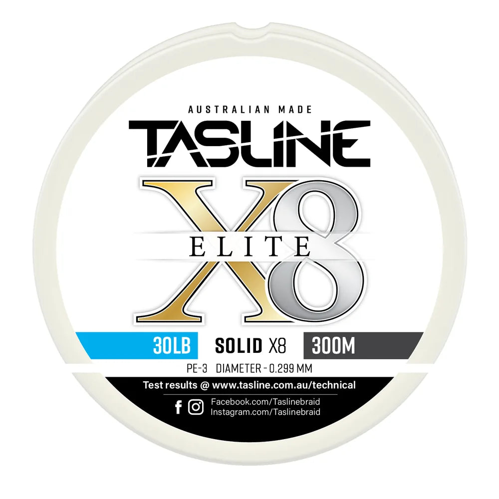 Tasline X8 Solid Elite braid spool, 30lb 300m, PE 3, 0.299 mm diameter — white spool with printed Tasline label