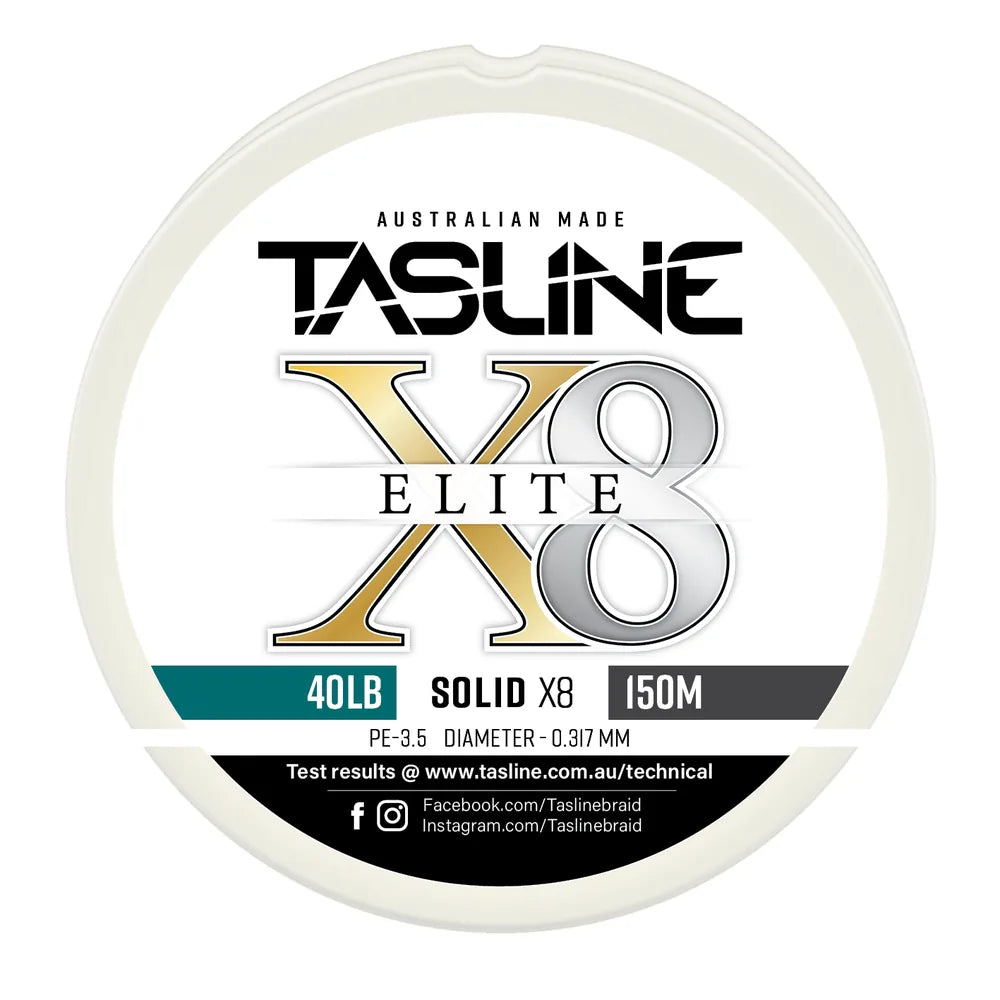 Tasline X8 Solid Elite braid spool, 40lb 150m, PE 3.5, 0.317 mm diameter — white spool with printed Tasline label