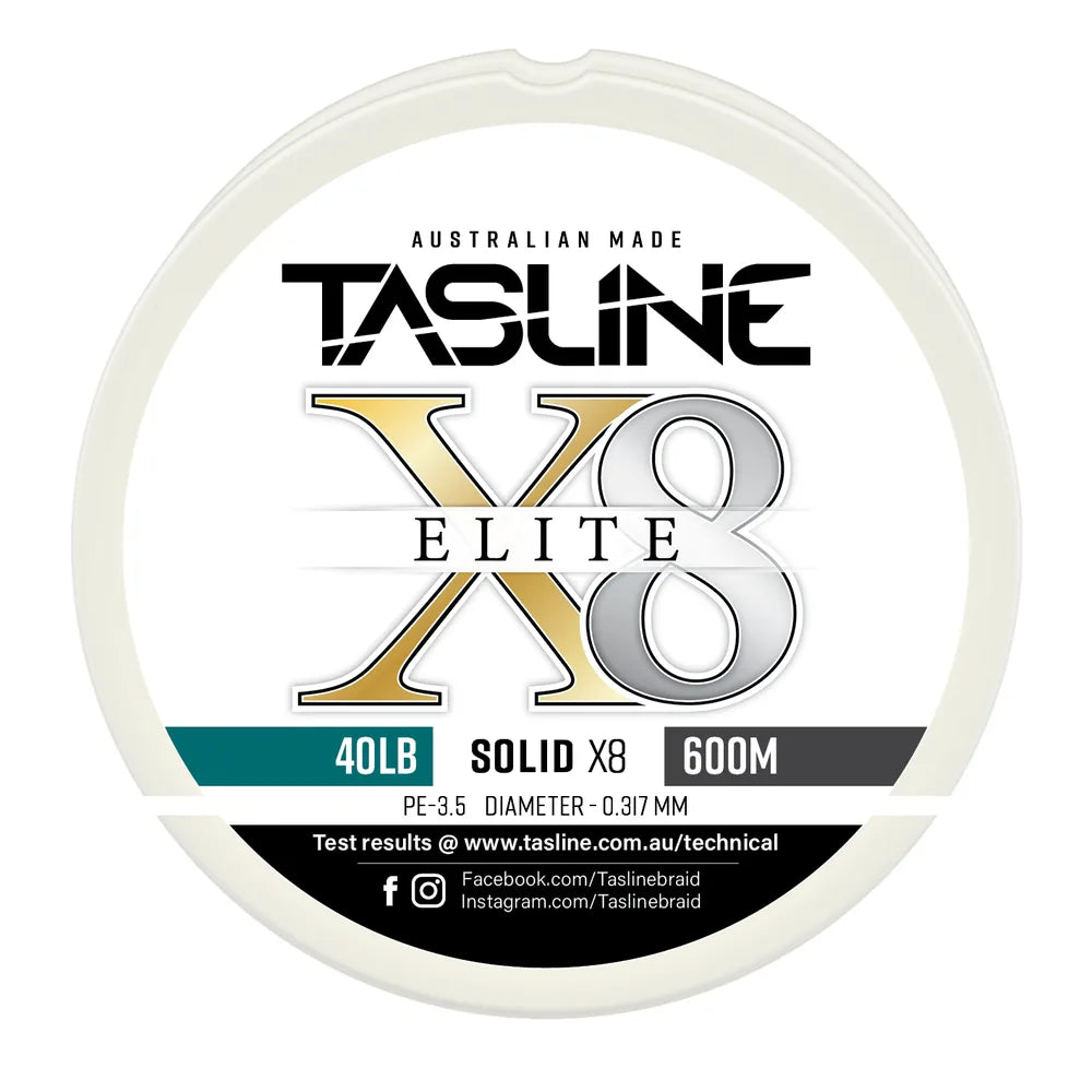 Tasline X8 Solid Elite braid spool, 40lb 600m, PE 3.5, 0.317 mm diameter — white spool with printed Tasline label