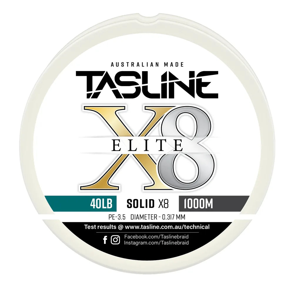 Tasline X8 Solid Elite braid spool, 40lb 1000m, PE 3.5, 0.317 mm diameter — white spool with printed Tasline label