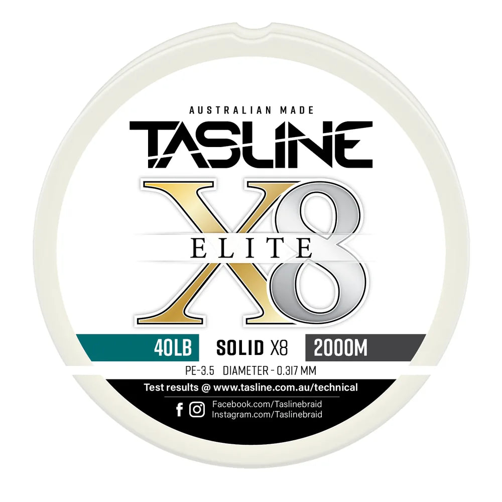 Tasline X8 Solid Elite braid spool, 40lb 2000m, PE 3.5, 0.317 mm diameter — white spool with printed Tasline label