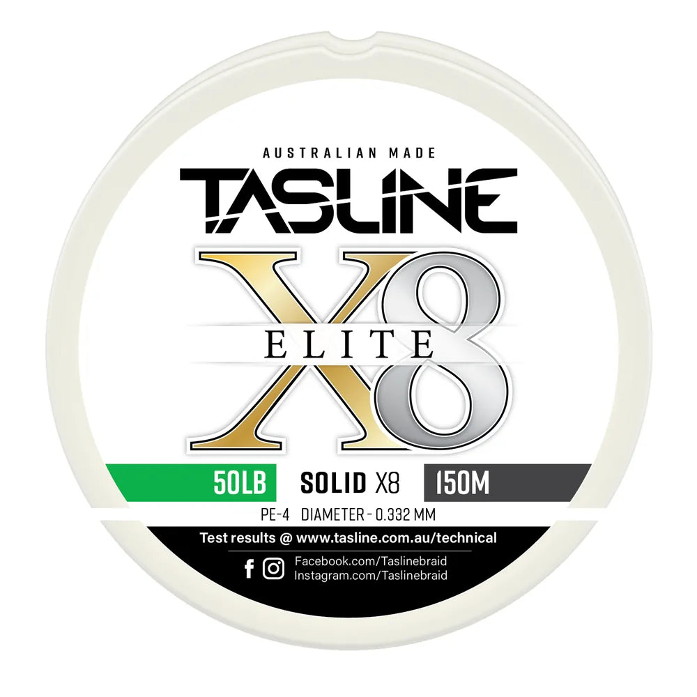 Tasline X8 Solid Elite braid spool, 50lb 150m, PE 4, 0.332 mm diameter — white spool with printed Tasline label