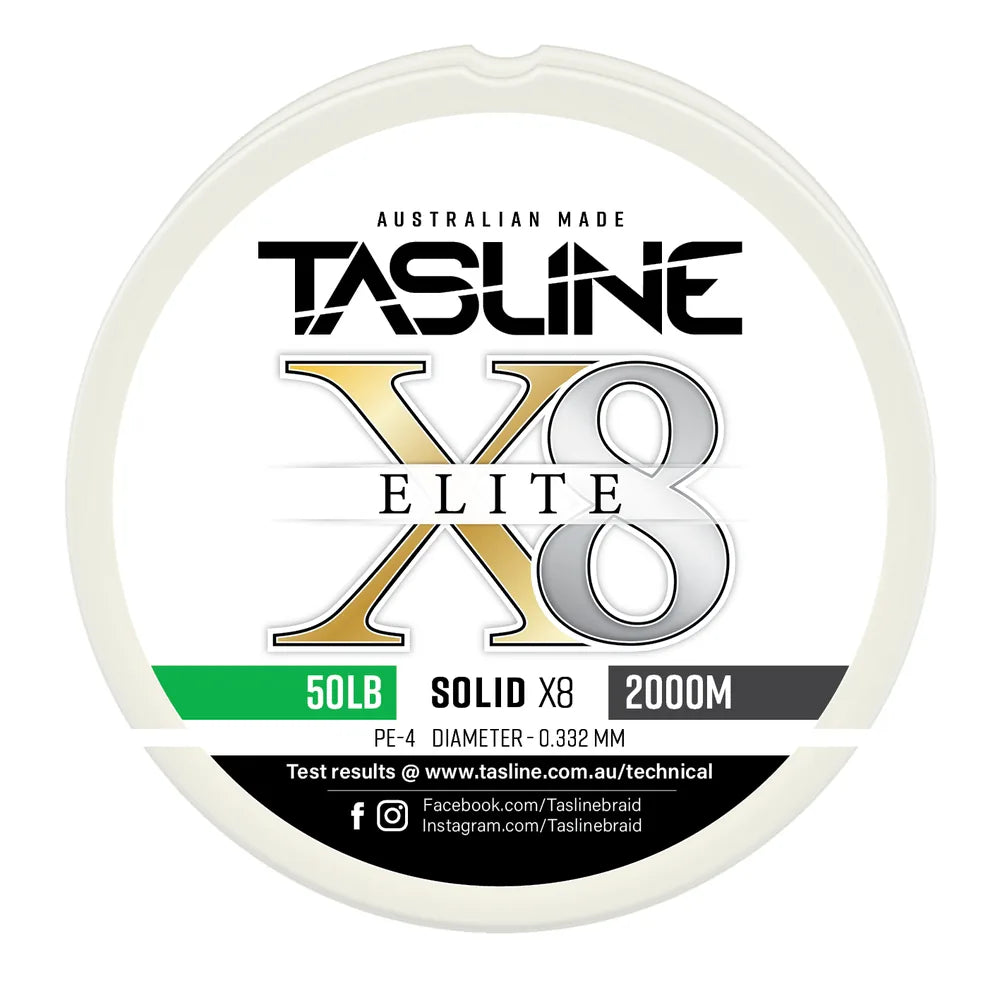 Tasline X8 Solid Elite braid spool, 50lb 2000m, PE 4, 0.332 mm diameter — white spool with printed Tasline label