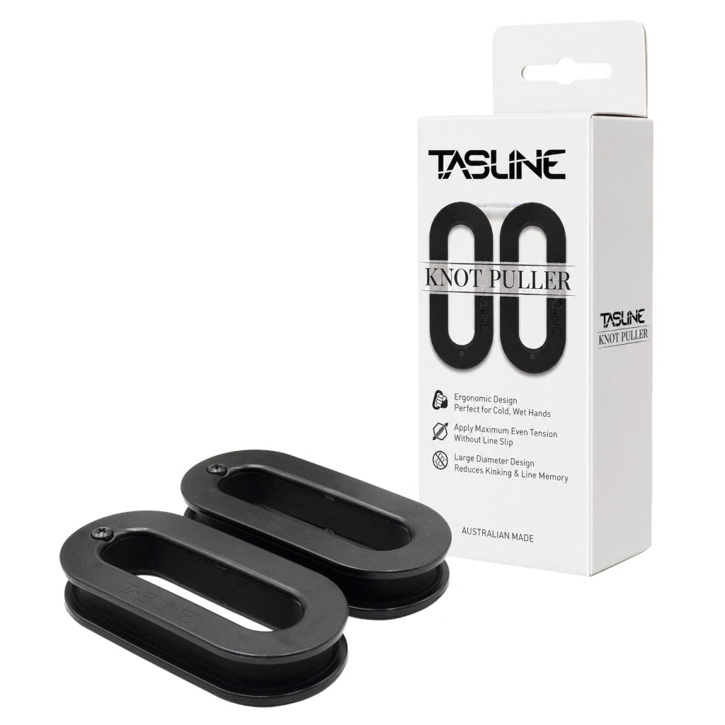 Two black Tasline knot pullers beside their white retail box on a white background