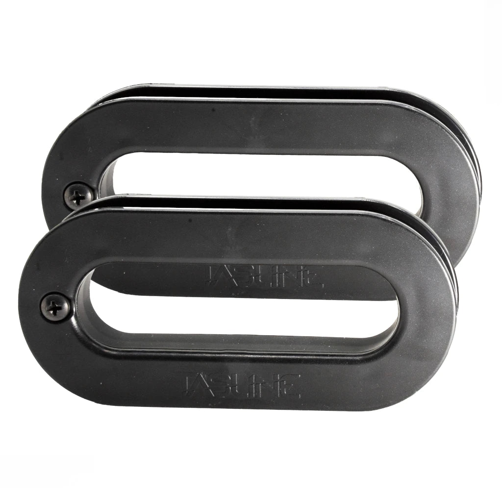 Two black Tasline knot pullers overlapping at a slight angle on a white background
