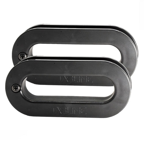 Two black Tasline knot pullers overlapping at a slight angle on a white background