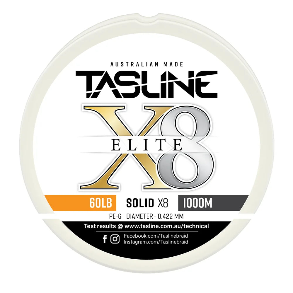 Tasline X8 Solid Elite braid spool, 60lb 1000m, PE 6, 0.422 mm diameter — white spool with printed Tasline label