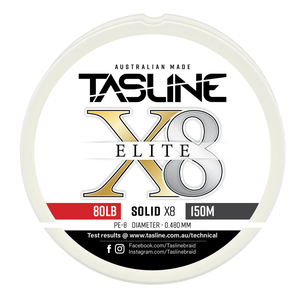 Tasline X8 Solid Elite braid spool, 80lb 150m, PE 8, 0.480 mm diameter — white spool with printed Tasline label