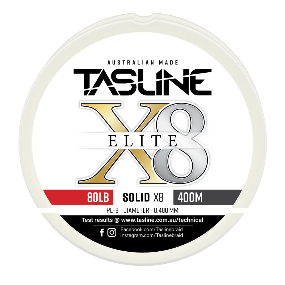 Tasline X8 Solid Elite braid spool, 80lb 400m, PE 8, 0.480 mm diameter — white spool with printed Tasline label