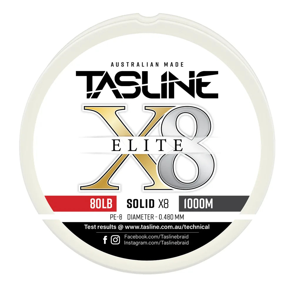 Tasline X8 Solid Elite braid spool, 80lb 1000m, PE 8, 0.480 mm diameter — white spool with printed Tasline label