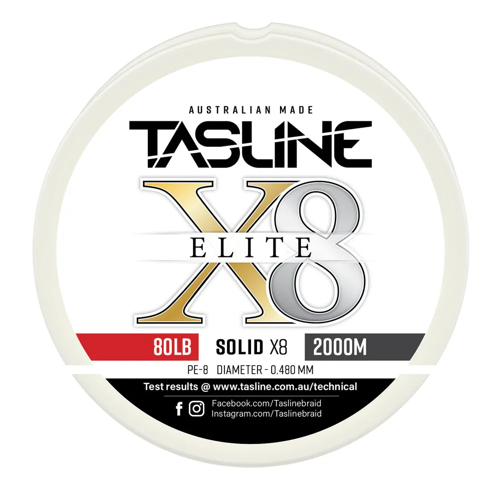 Tasline X8 Solid Elite braid spool, 80lb 2000m, PE 8, 0.480 mm diameter — white spool with printed Tasline label