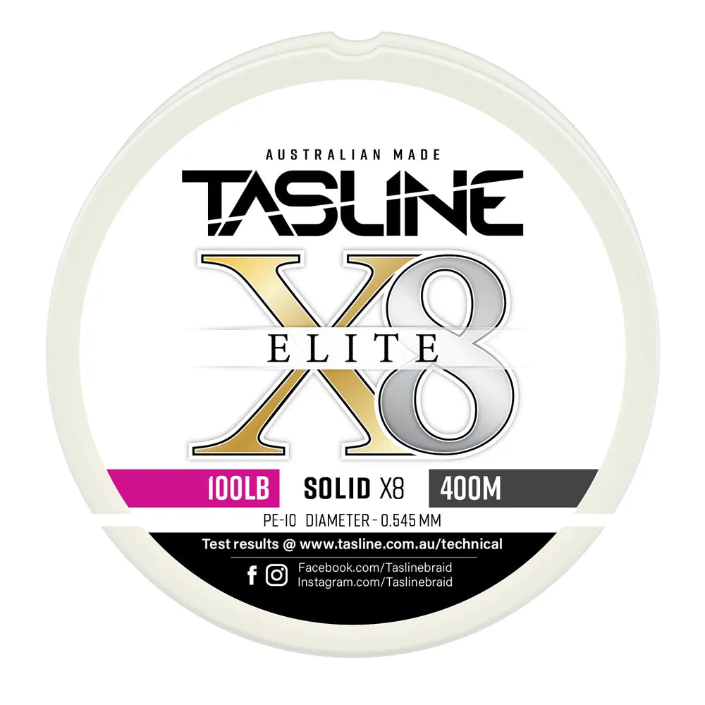 Tasline X8 Solid Elite braid spool, 100lb 400m, PE 10, 0.545 mm diameter — white spool with printed Tasline label