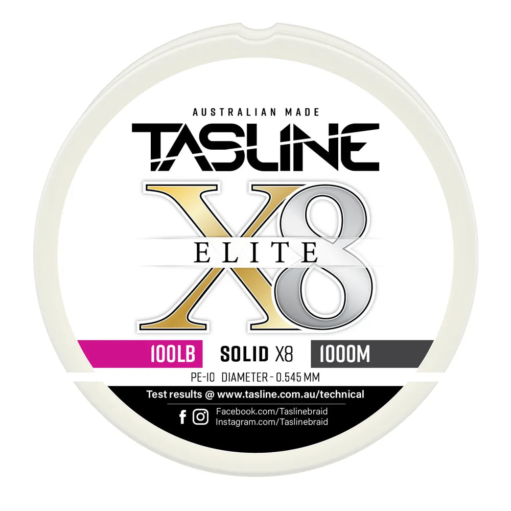 Tasline X8 Solid Elite braid spool, 100lb 1000m, PE 10, 0.545 mm diameter — white spool with printed Tasline label