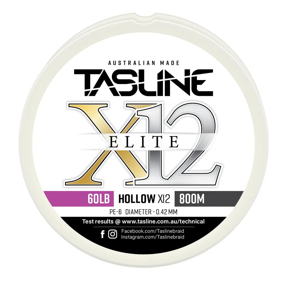 Tasline X12 Hollow Elite braid spool, 60lb 800m, PE 6, 0.42 mm diameter — white spool with printed Tasline label