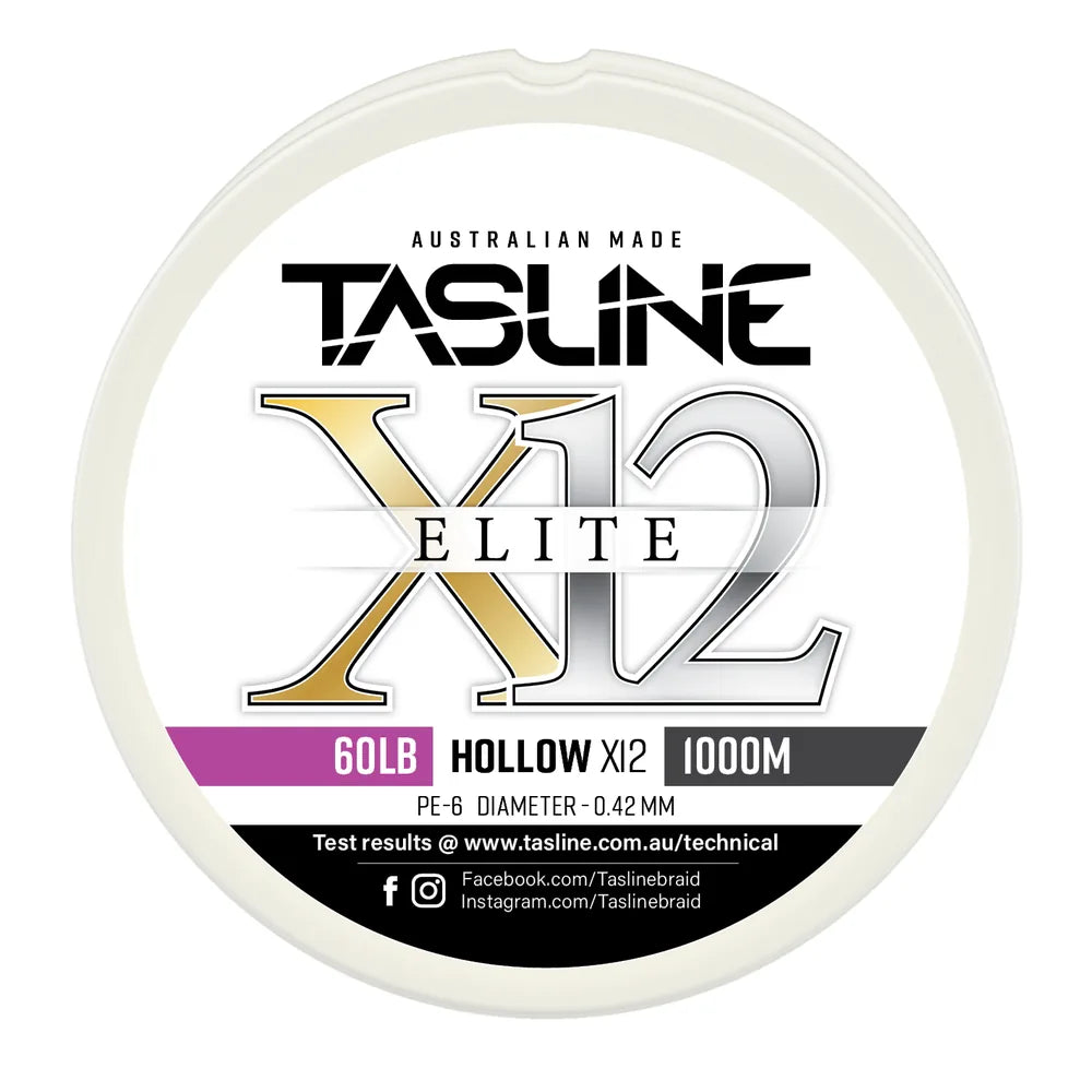 Tasline X12 Hollow Elite braid spool, 60lb 1000m, PE 6, 0.42 mm diameter — white spool with printed Tasline label