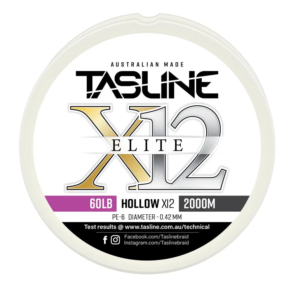 Tasline X12 Hollow Elite braid spool, 60lb 2000m, PE 6, 0.42 mm diameter — white spool with printed Tasline label