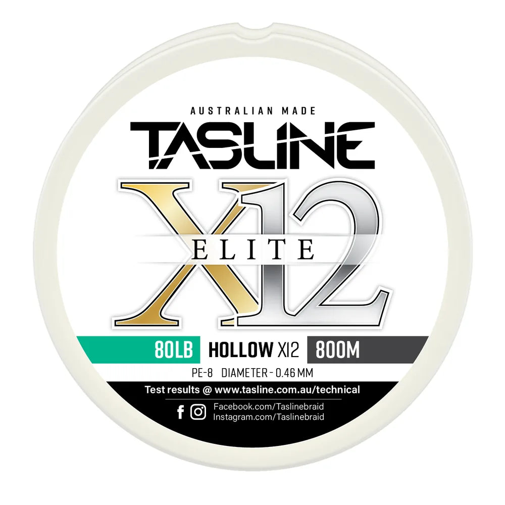 Tasline X12 Hollow Elite braid spool, 80lb 800m, PE 8, 0.46 mm diameter — white spool with printed Tasline label