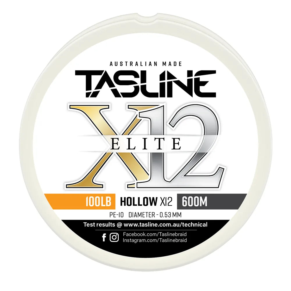 Tasline X12 Hollow Elite braid spool, 100lb 600m, PE 10, 0.53 mm diameter — white spool with printed Tasline label
