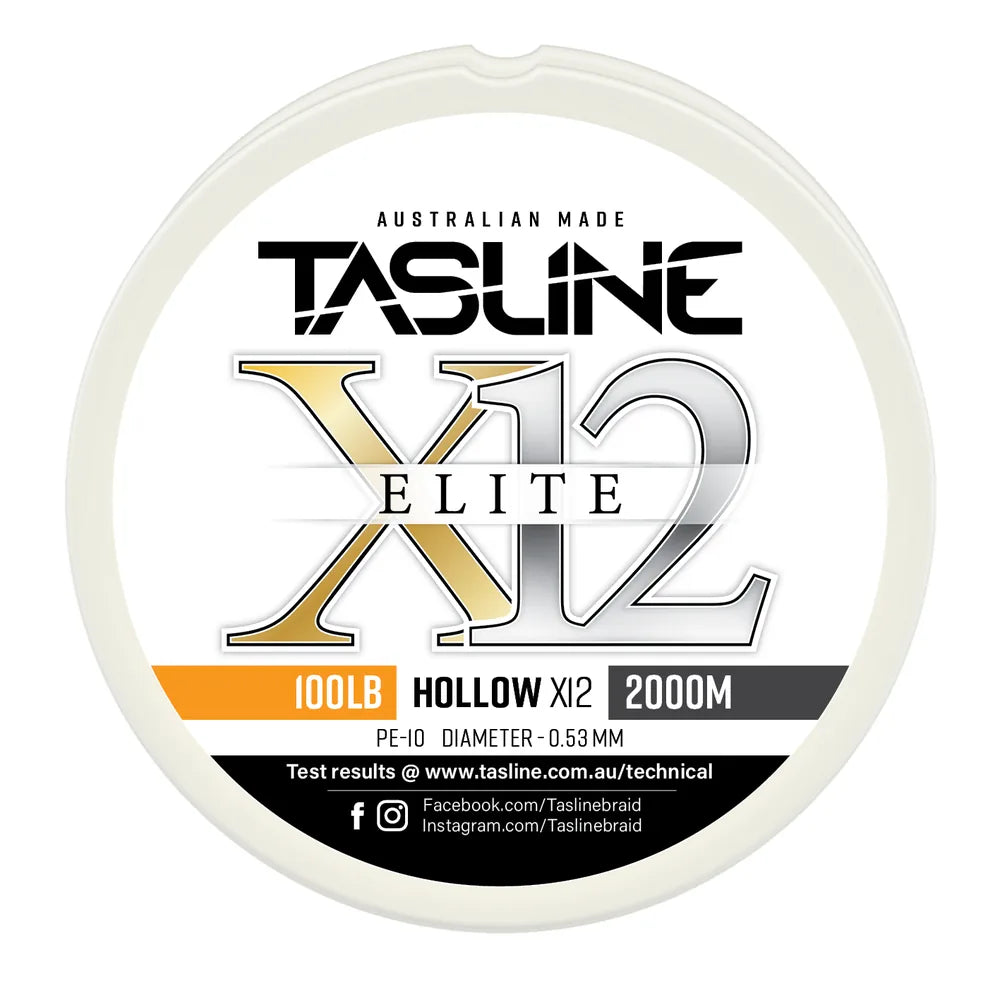 Tasline X12 Hollow Elite braid spool, 100lb 2000m, PE 10, 0.53 mm diameter — white spool with printed Tasline label