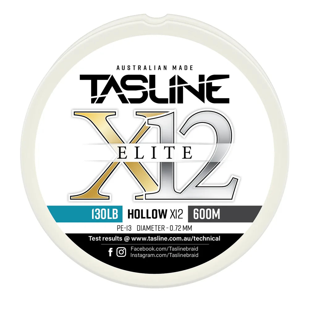 Tasline X12 Hollow Elite braid spool, 130lb 600m, PE 13, 0.72 mm diameter — white spool with printed Tasline label