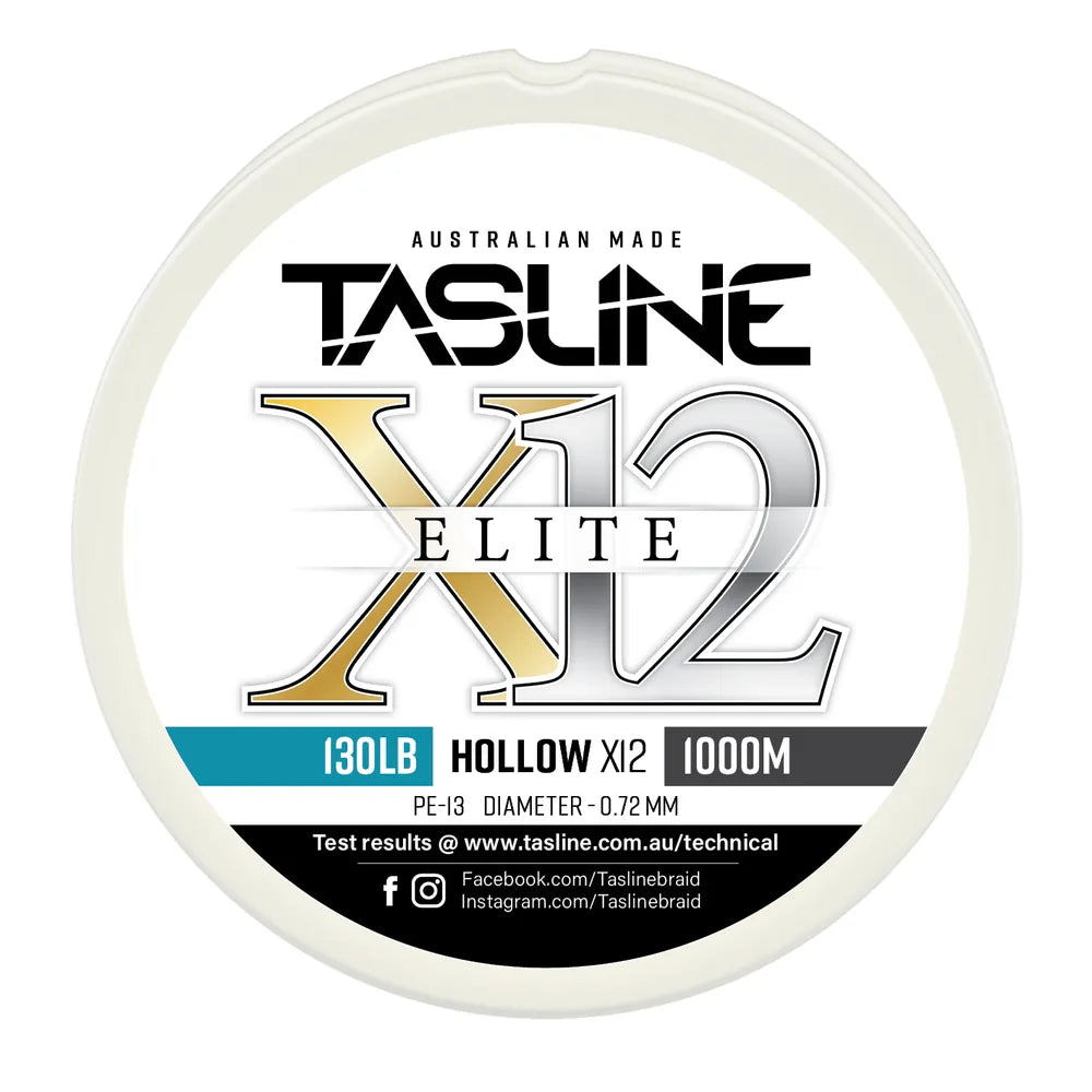 Tasline X12 Hollow Elite braid spool, 130lb 1000m, PE 13, 0.72 mm diameter — white spool with printed Tasline label