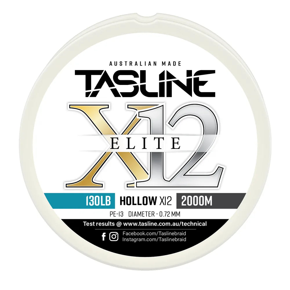 Tasline X12 Hollow Elite braid spool, 130lb 2000m, PE 13, 0.72 mm diameter — white spool with printed Tasline label
