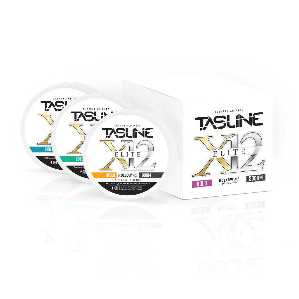 Tasline X12 Elite Hollow braid 60lb 2000m carton with three white spools of hollow braid fanned out beside it on a white background