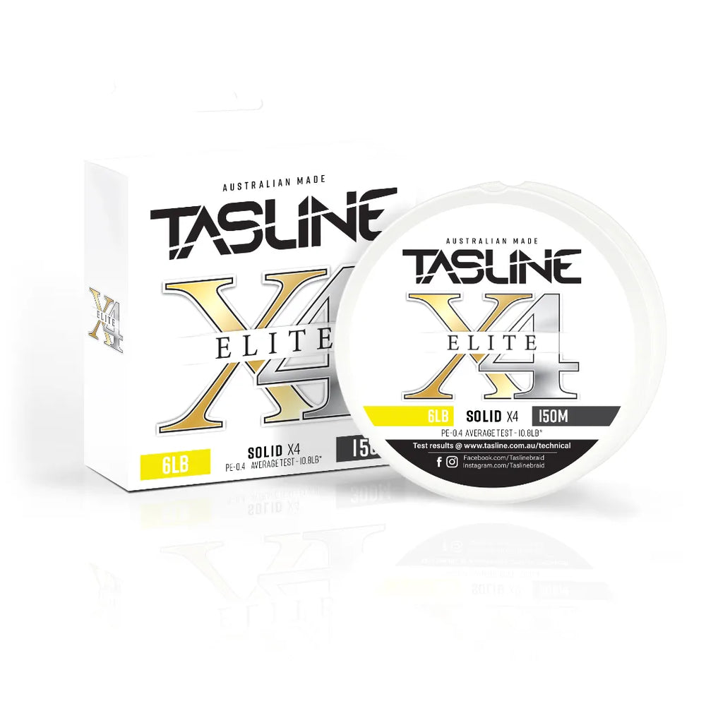 Tasline X4 Elite Solid braid 6lb 150m retail box standing beside its white spool on a white background