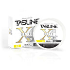 Tasline X4 Elite Solid braid 6lb 150m retail box standing beside its white spool on a white background