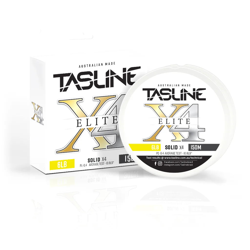 Tasline X4 Elite Solid braid 6lb 150m retail box standing beside its white spool on a white background