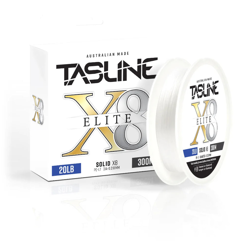Tasline X8 Elite Solid braid 20lb 300m retail box standing beside its white spool of clear braid on a white background